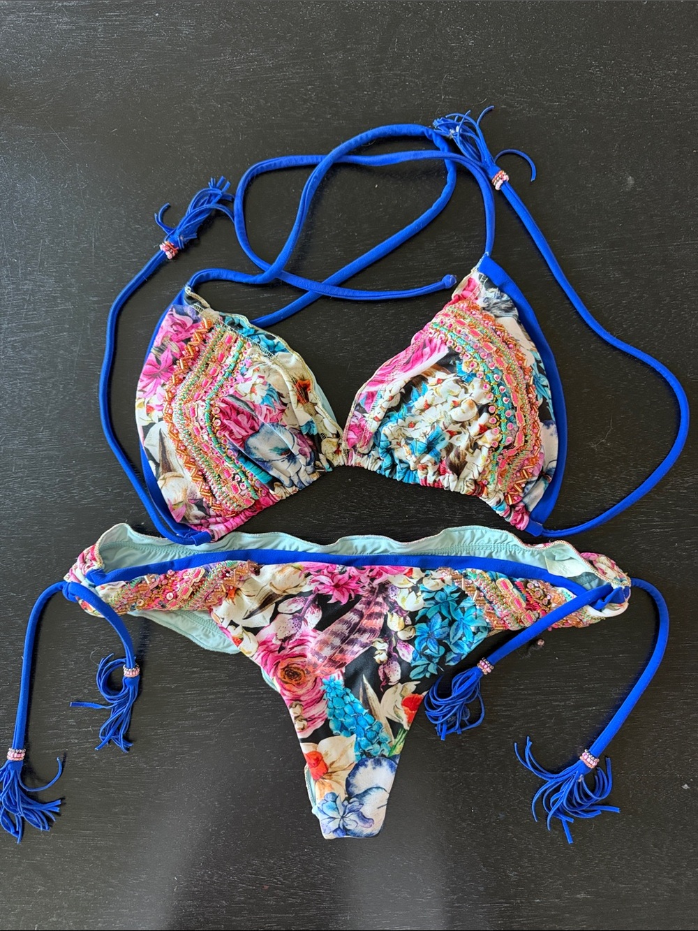 Multicolor Floral Tie-Side Bikini with Bright Blue Trim - Women's Swim